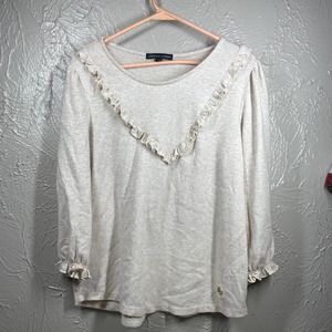 Adrienne Vittadini Heather‎ Cream Round Neck Ruffle Knit Sweater Womens Sz Large